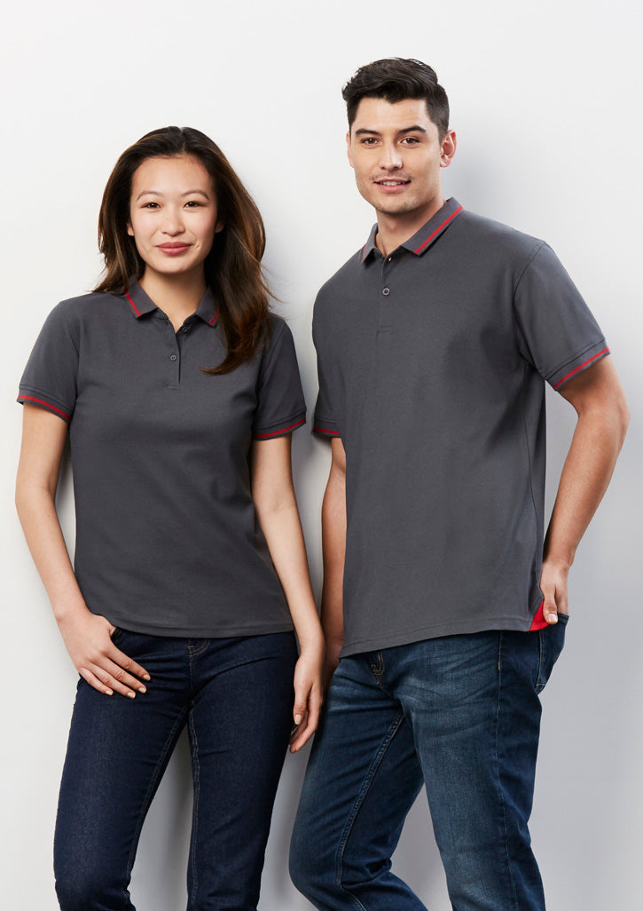 Image depicting a man in a Canvas Stripe Collar Men's Polo at a seaside resort.
